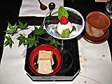 House-made desserts: sesame kudzu mochi with kinako, and pear sorbet with raspberry and kiwi